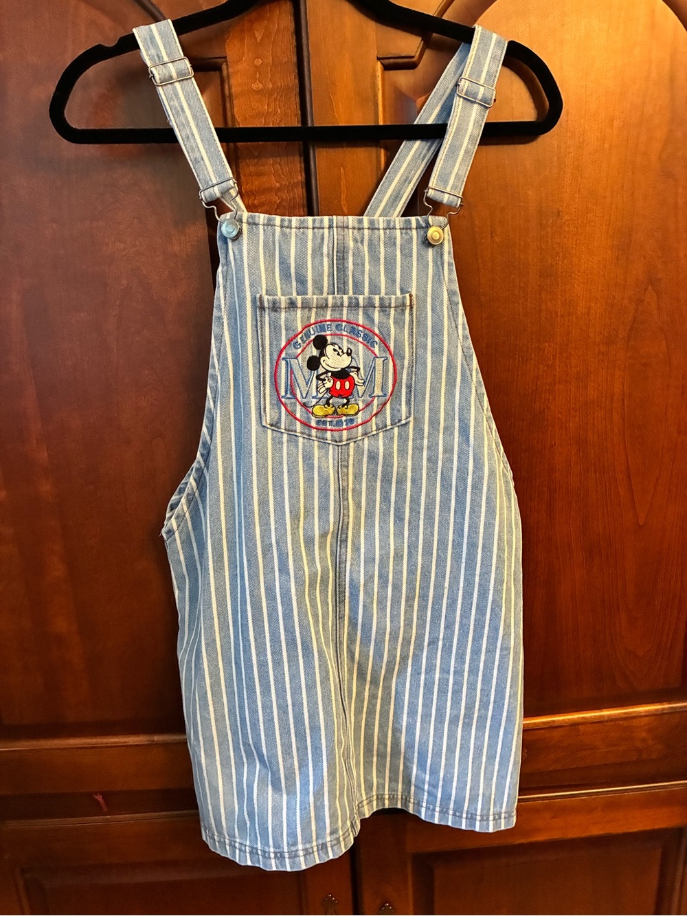 Disney Mickey Mouse Women's Denim Jumper Blue Dress Overall Medium Striped